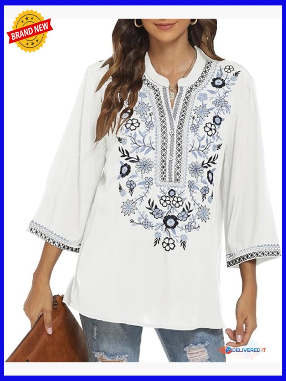Embroidered Peasant Tunic Top 3/4 Sleeve V-Neck Floral